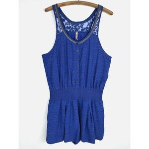 Free People Smocked Elastic Waist Romper Size 12 Pockets Button Front Lace Short